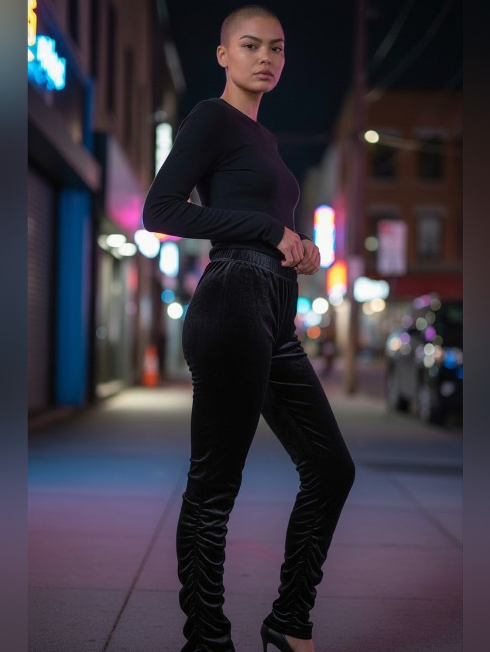 The Pyramid Collection Black Velvet Ruched Ankle Leggings Size L Velour Stretch - Picture 2 of 9